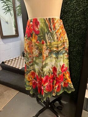 Elliott Lauren Floral Watercolor A-Line Midi Skirt in Green and Red